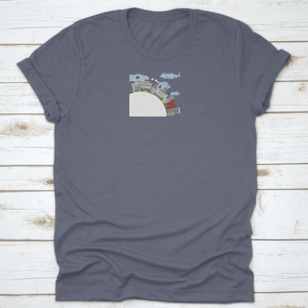 Blue Sky Hartford Skyline T-shirt featuring gray buildings design, made from 100% cotton for comfort.