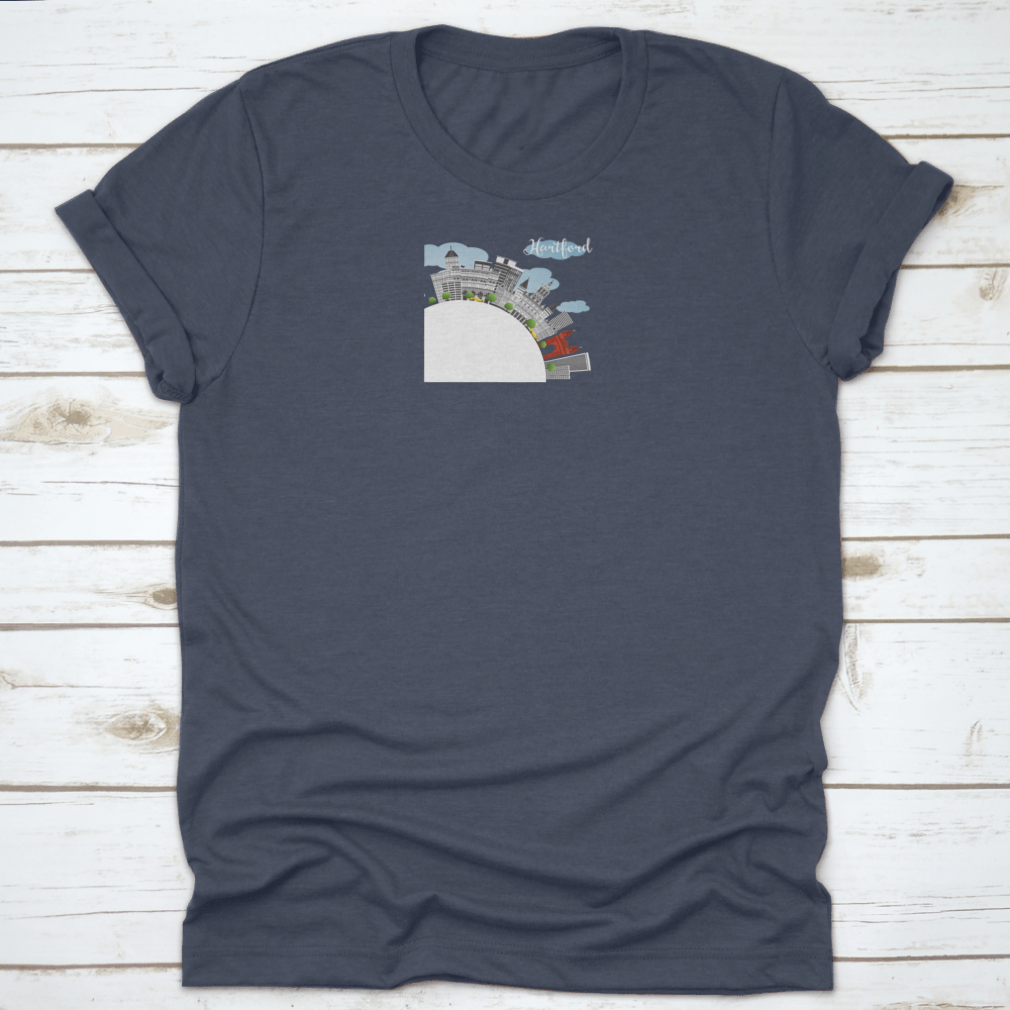 Blue Sky Hartford Skyline T-shirt featuring gray buildings design, made from 100% cotton for comfort.