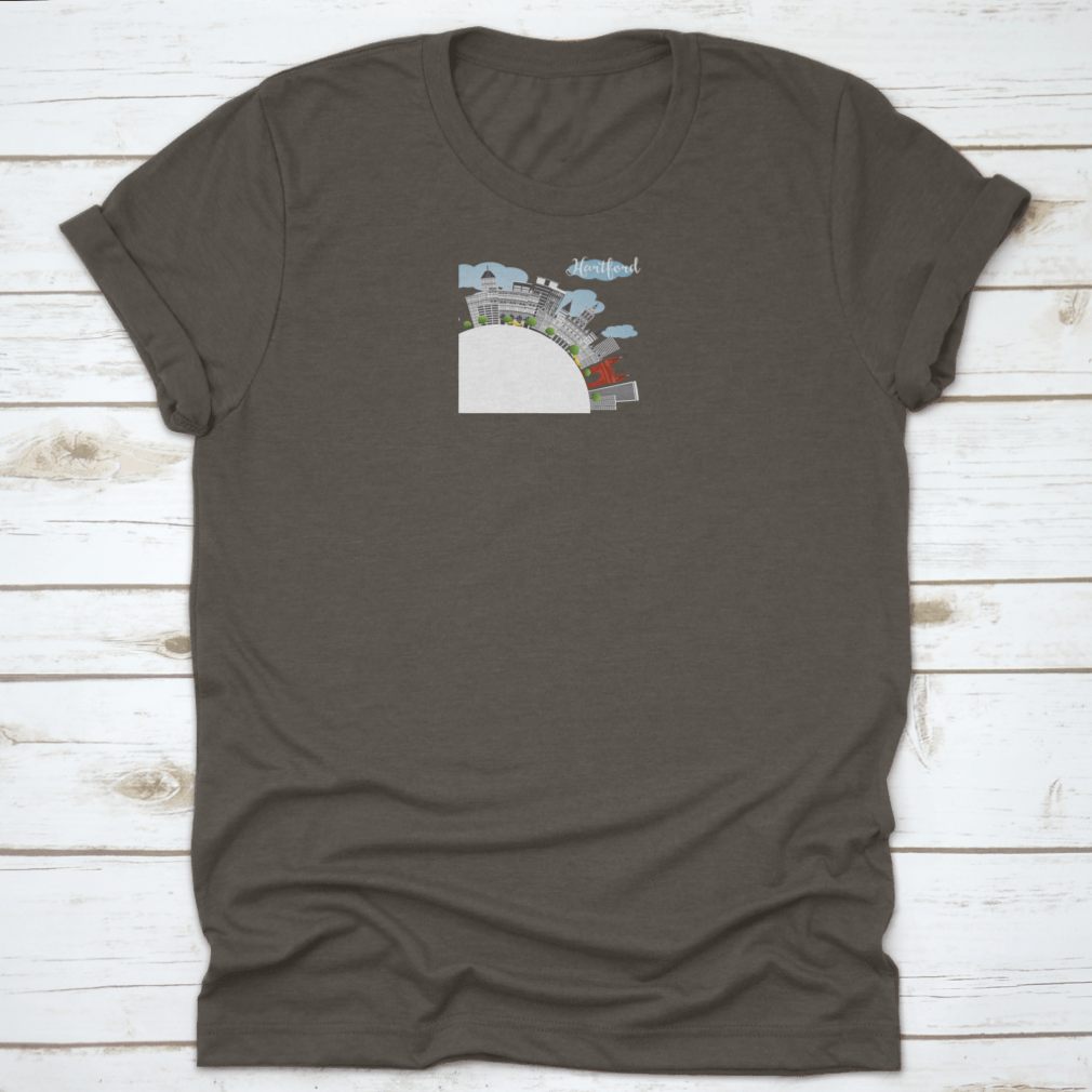 Blue Sky Hartford Skyline T-shirt featuring gray buildings design, made from 100% cotton for comfort.