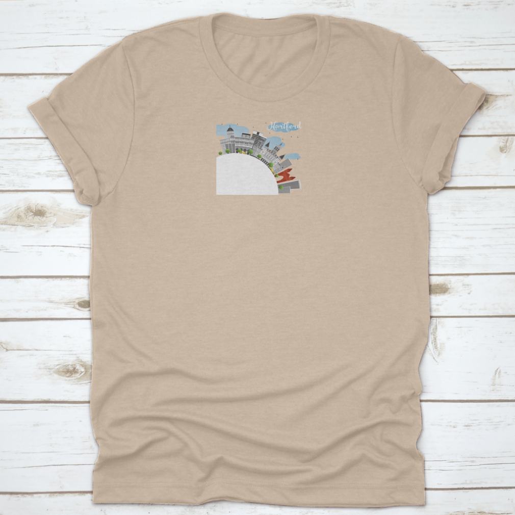 Blue Sky Hartford Skyline T-shirt featuring gray buildings design, made from 100% cotton for comfort.