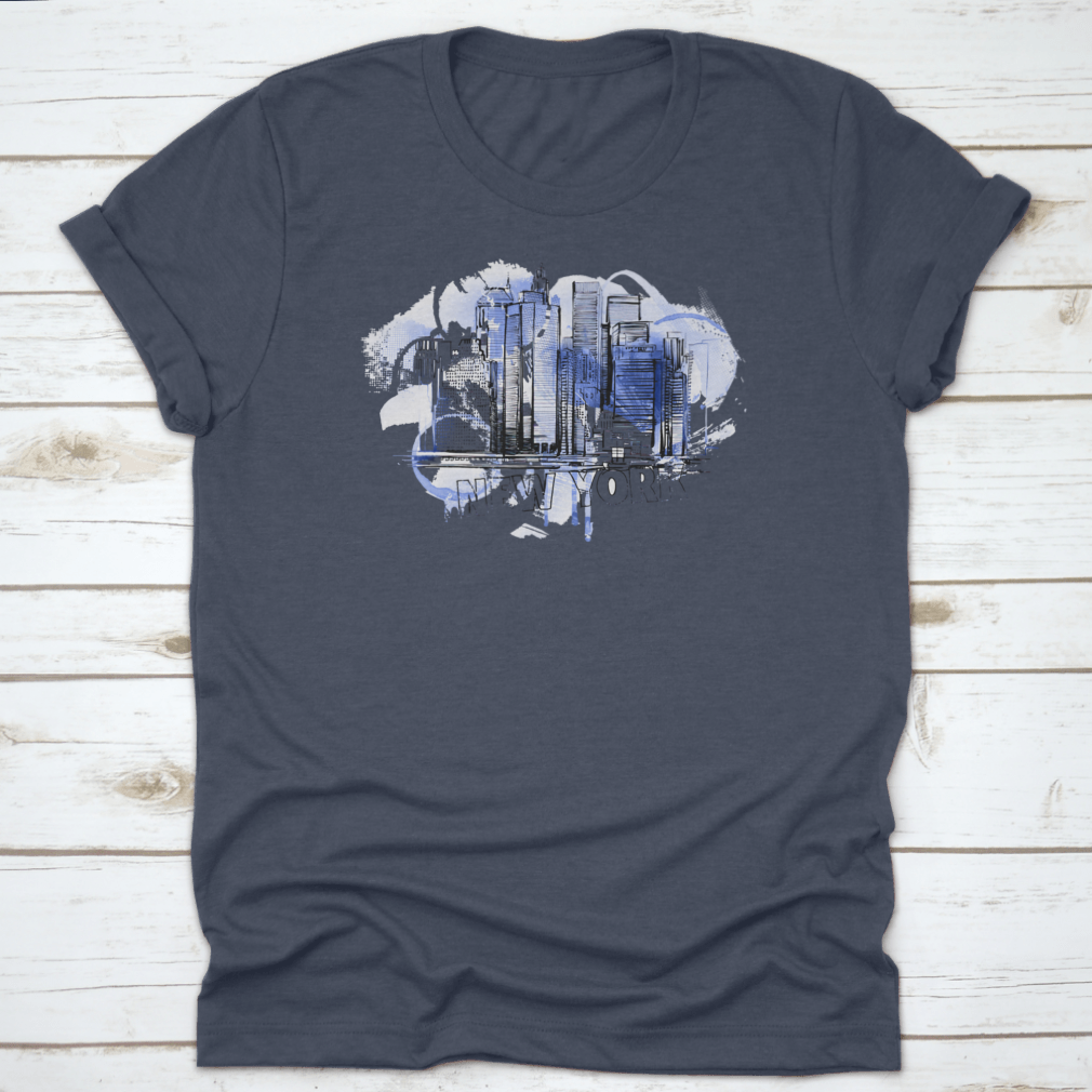 Blue Skyline Drawing Style shirt featuring a city building illustration, made from 100% cotton with a classic fit.