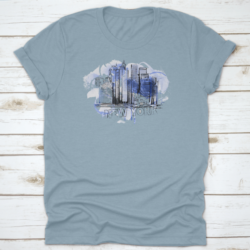 Blue Skyline Drawing Style shirt featuring a city building illustration, made from 100% cotton with a classic fit.