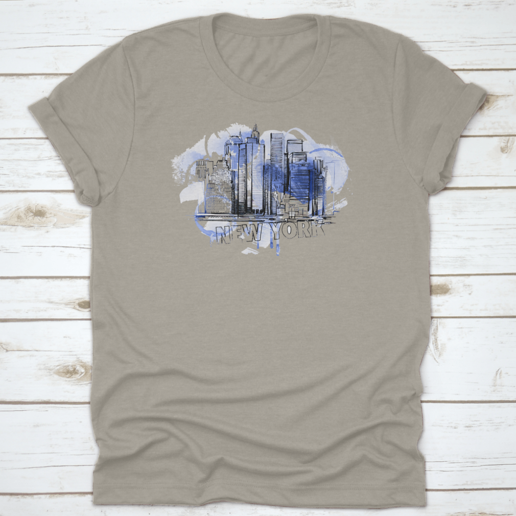 Blue Skyline Drawing Style shirt featuring a city building illustration, made from 100% cotton with a classic fit.