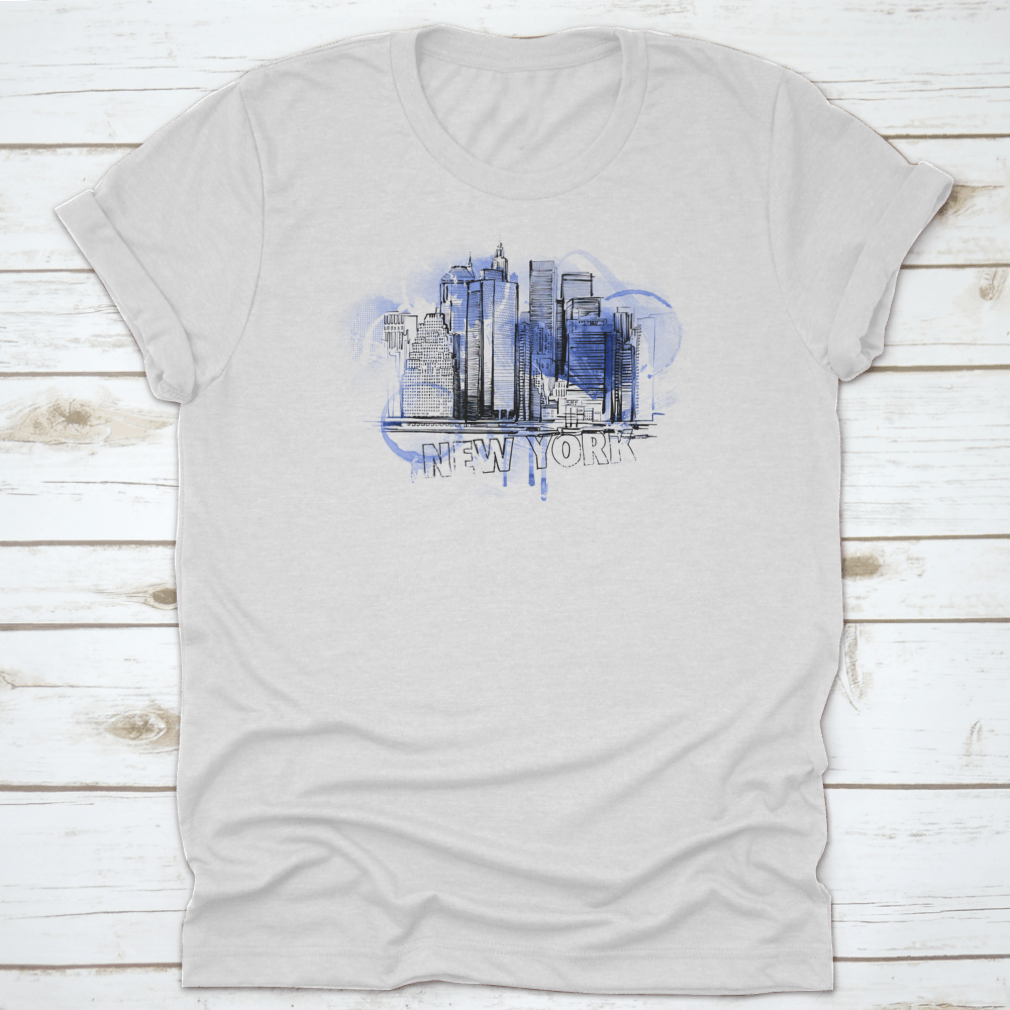Blue Skyline Drawing Style shirt featuring a city building illustration, made from 100% cotton with a classic fit.