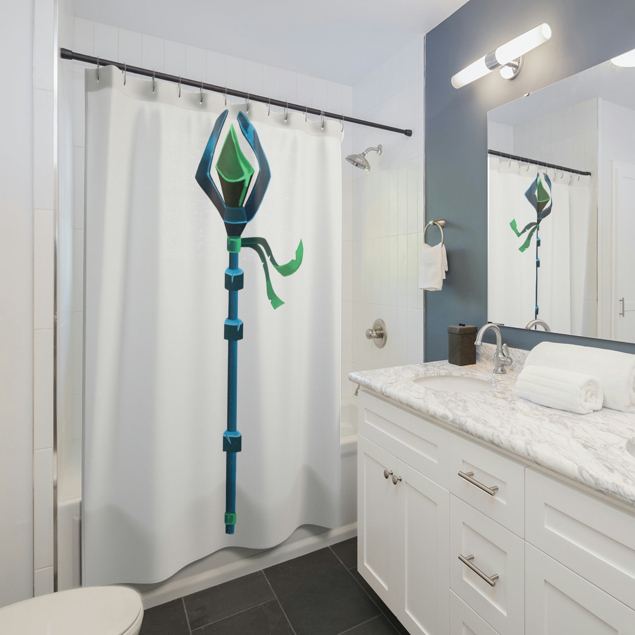 Blue Staff Shower Curtain made of durable polyester with vibrant one-sided print, perfect for custom designs.