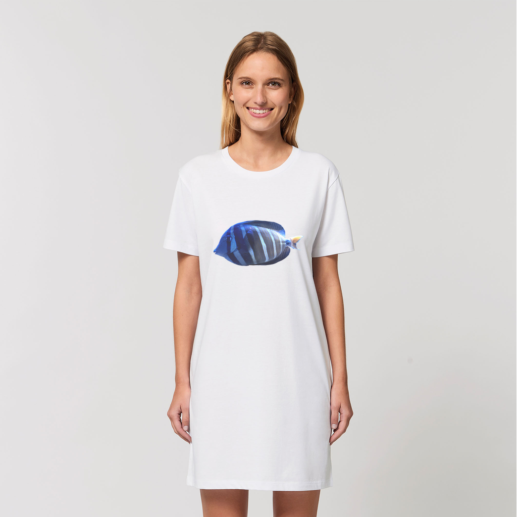 Blue Striped Fish Organic T-Shirt Dress made from 100% organic cotton, featuring a stylish striped design and comfortable fit.