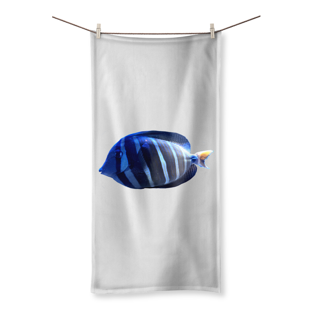 Blue Striped Fish Sublimation All Over Towel featuring vibrant fish design on one side and soft cotton backing for drying.