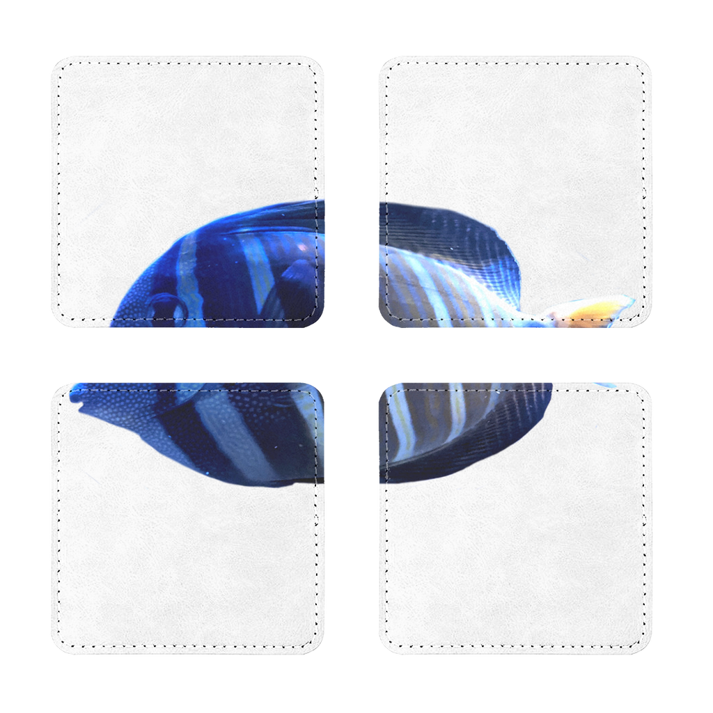 Pack of four Blue Striped Fish PU leather coasters, showcasing stylish design and quality craftsmanship.
