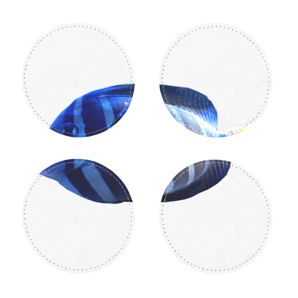 Pack of four Blue Striped Fish PU leather coasters, showcasing stylish design and quality craftsmanship.