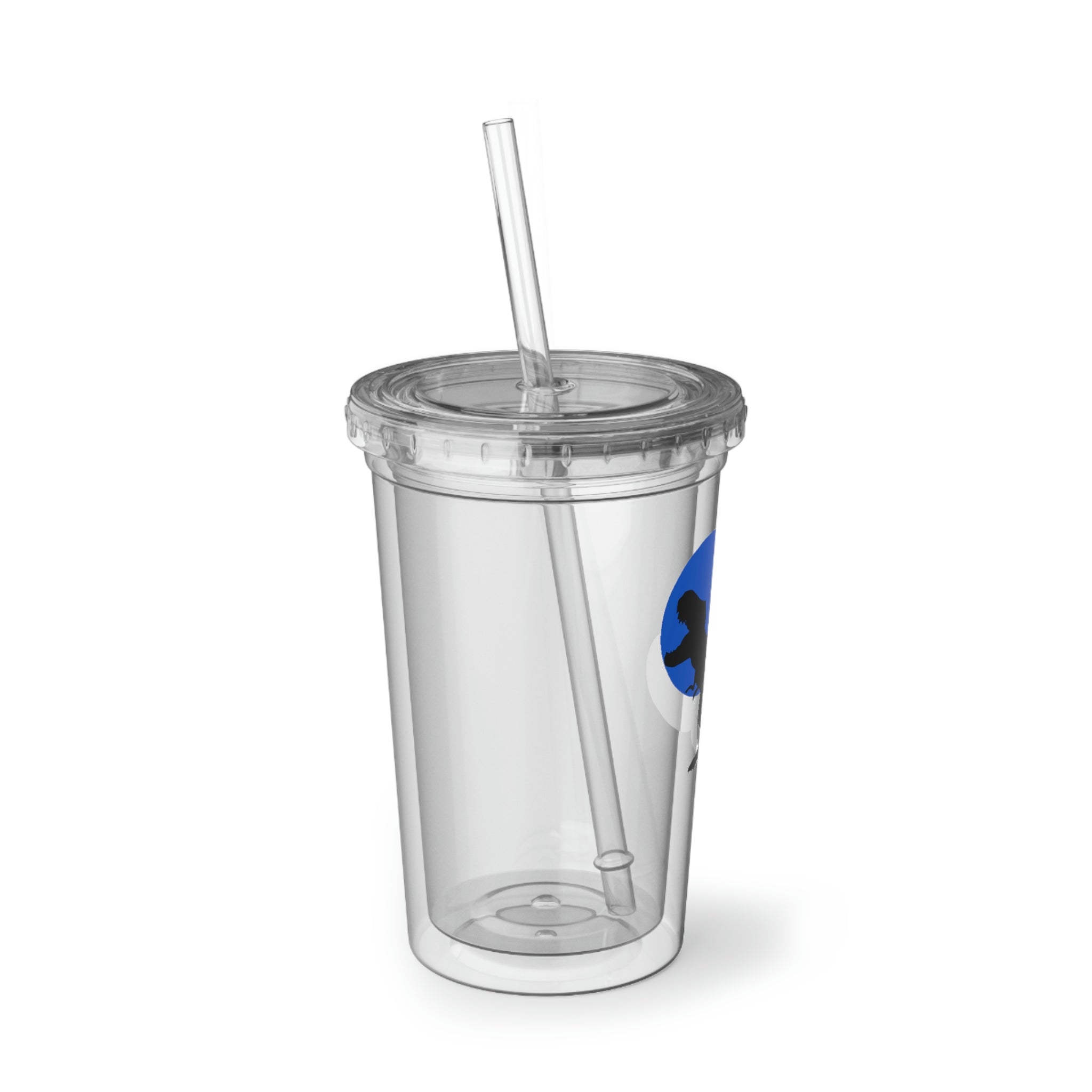 A vibrant Blue Tyrannosaurus Rex Design Suave Acrylic Cup with a plastic lid and straw, showcasing a playful dinosaur graphic.