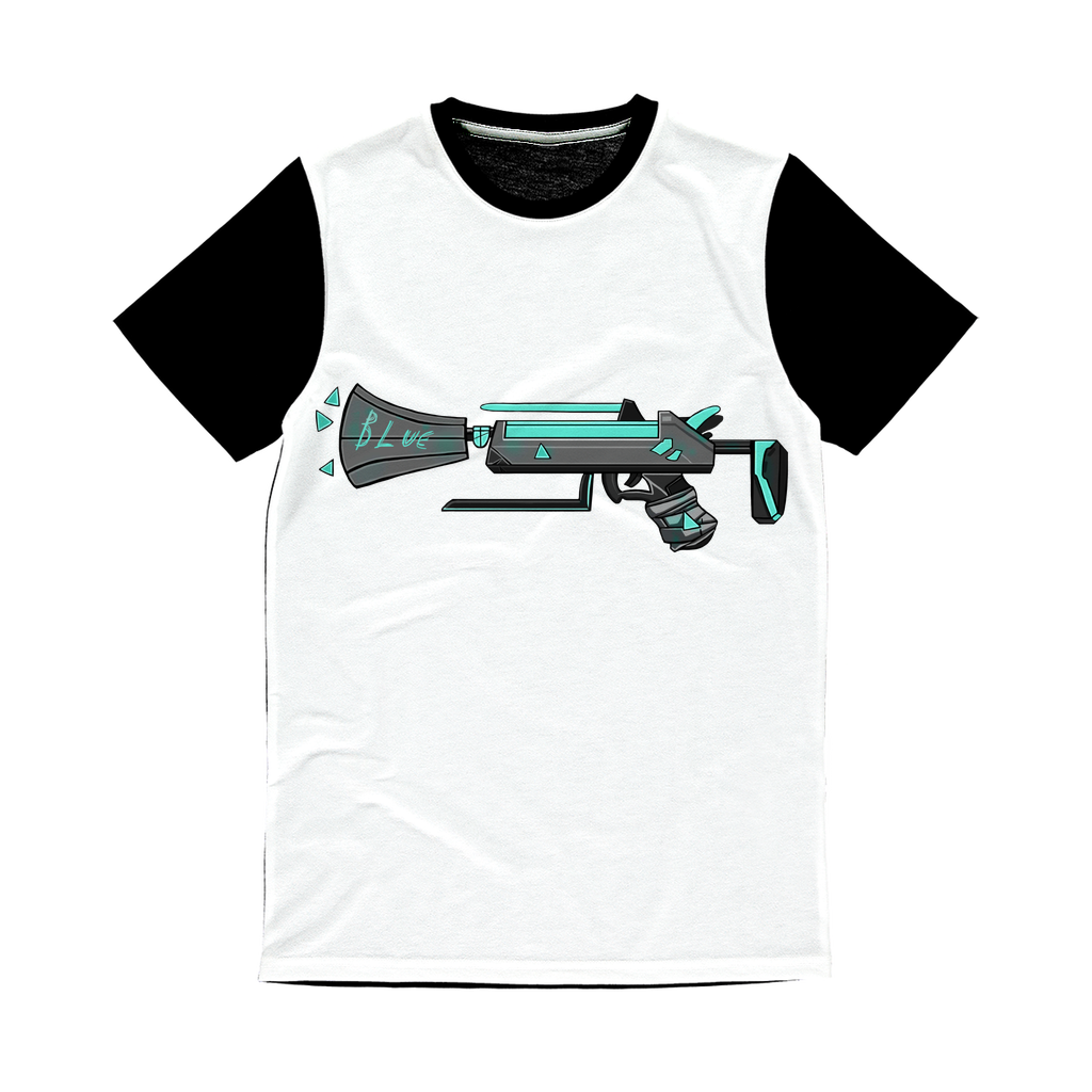 Blue Weapon Classic Sublimation Panel T-Shirt featuring a vibrant front design and plain black back, ideal for custom printing.