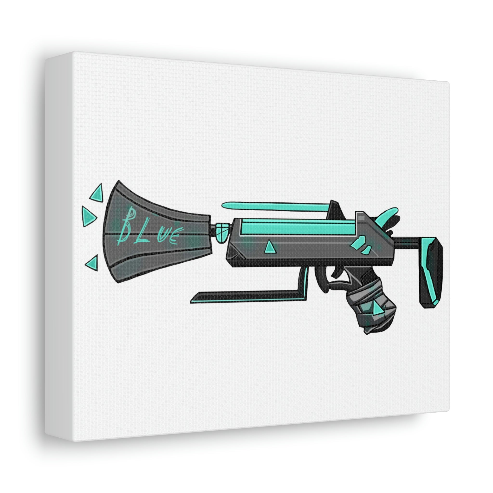A vibrant Blue Weapon Stretched Canvas artwork, showcasing high-quality print on a durable wooden frame, perfect for indoor decoration.