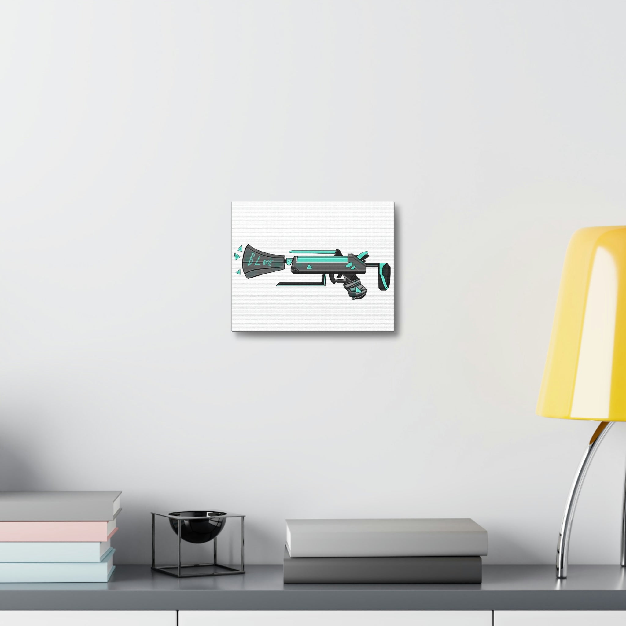 A vibrant Blue Weapon Stretched Canvas artwork, showcasing high-quality print on a durable wooden frame, perfect for indoor decoration.