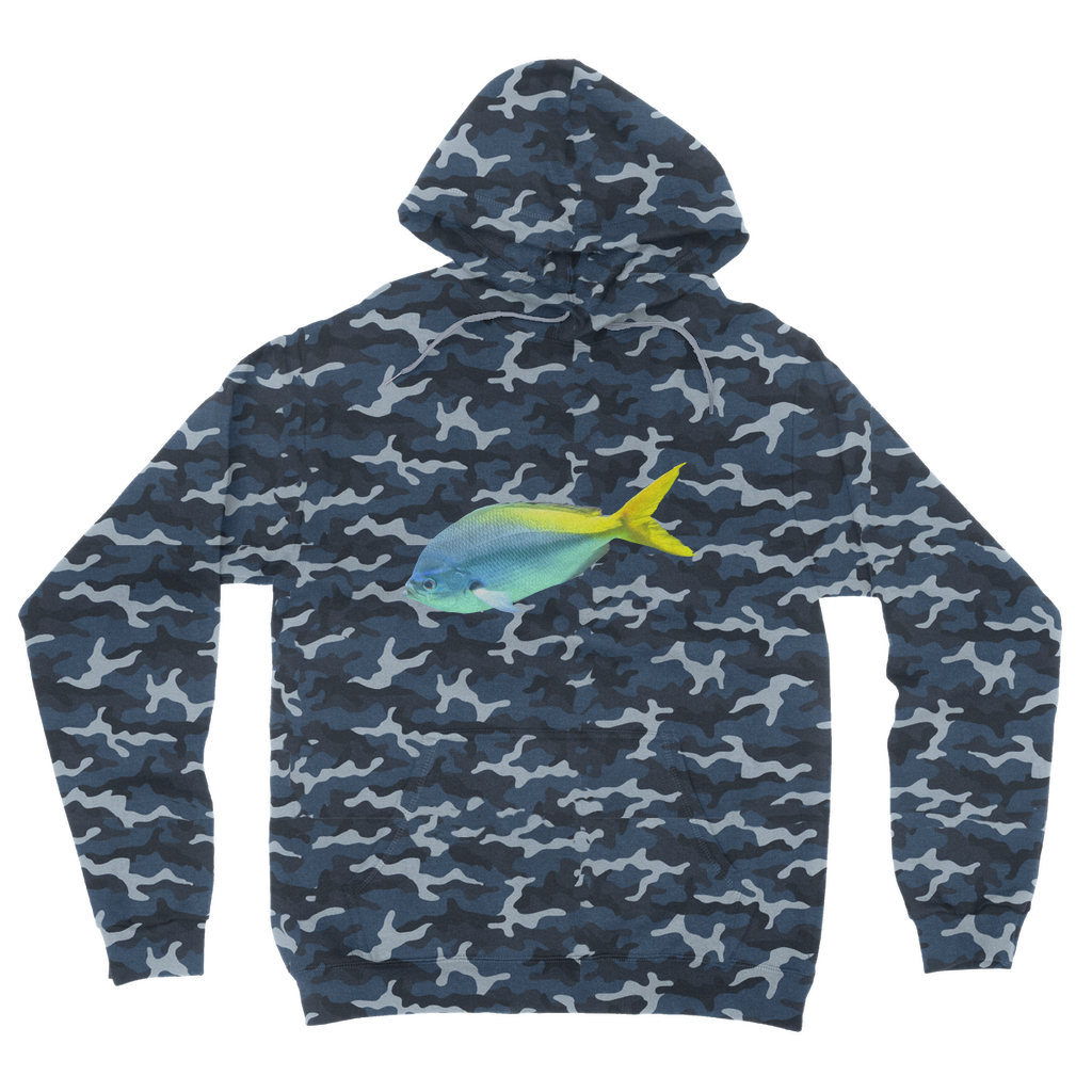 Blue Yellow Fish Camouflage Adult Hoodie featuring vibrant camo design, double fabric hood, and kangaroo pouch pocket.