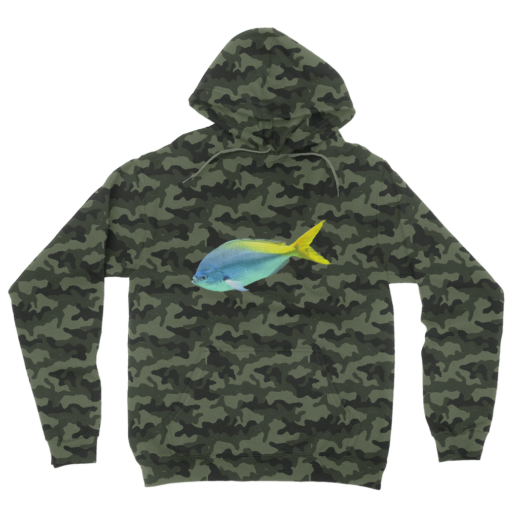 Blue Yellow Fish Camouflage Adult Hoodie featuring vibrant camo design, double fabric hood, and kangaroo pouch pocket.