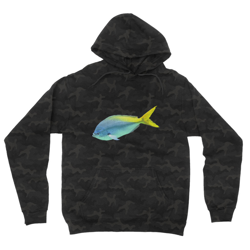 Blue Yellow Fish Camouflage Adult Hoodie featuring vibrant camo design, double fabric hood, and kangaroo pouch pocket.