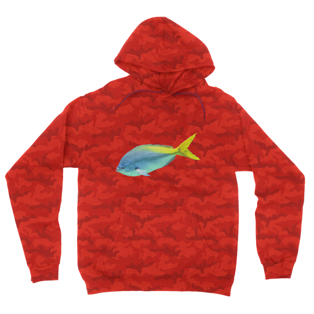 Blue Yellow Fish Camouflage Adult Hoodie featuring vibrant camo design, double fabric hood, and kangaroo pouch pocket.