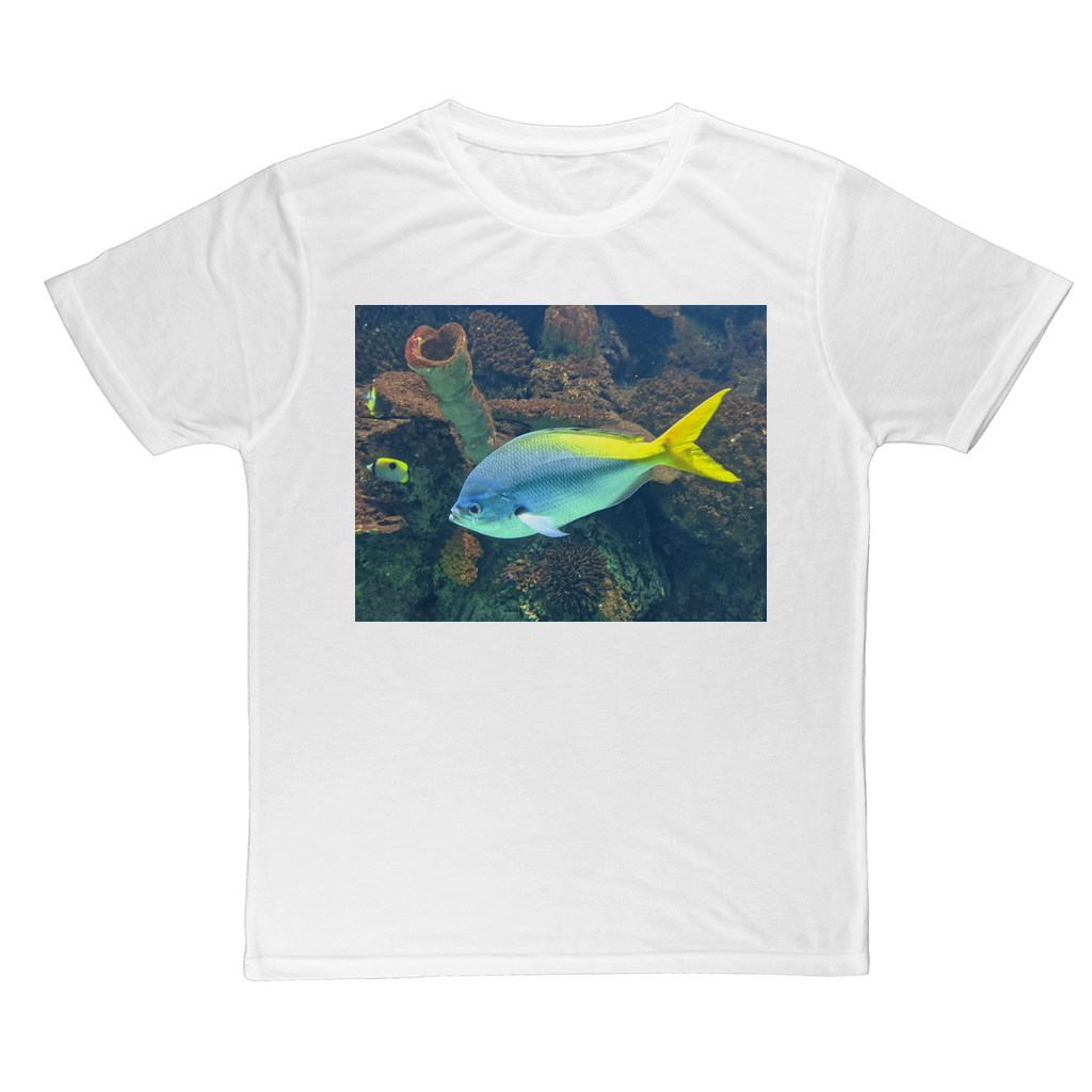 Blue Yellow Fish Classic Sublimation Adult T-Shirt featuring a vibrant fish design on a soft polyester fabric.