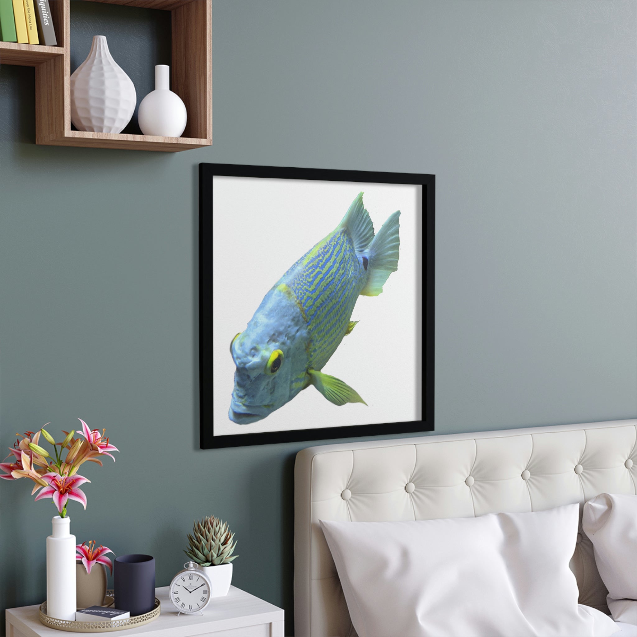 A vibrant Blue Yellow Fish Framed Poster showcasing a colorful fish design in a hand-crafted wooden frame, perfect for home decor.