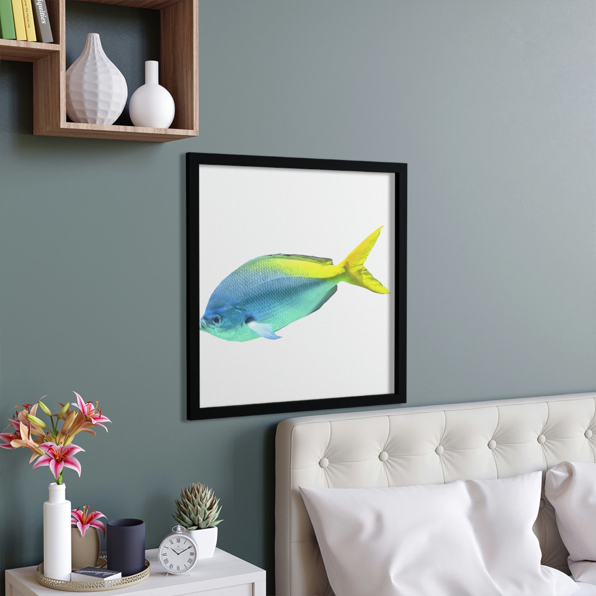 A vibrant Blue Yellow Fish Framed Poster showcasing a colorful fish design in a hand-crafted wooden frame, ready for hanging.