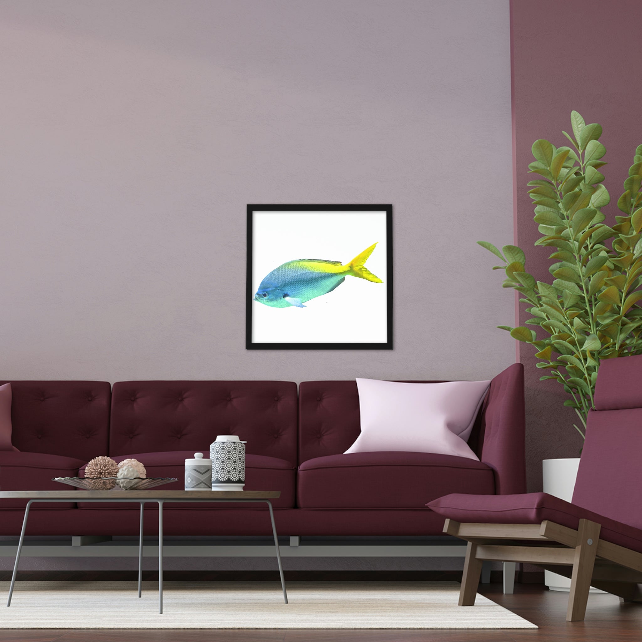 A vibrant Blue Yellow Fish Framed Poster showcasing a colorful fish design in a hand-crafted wooden frame, ready for hanging.