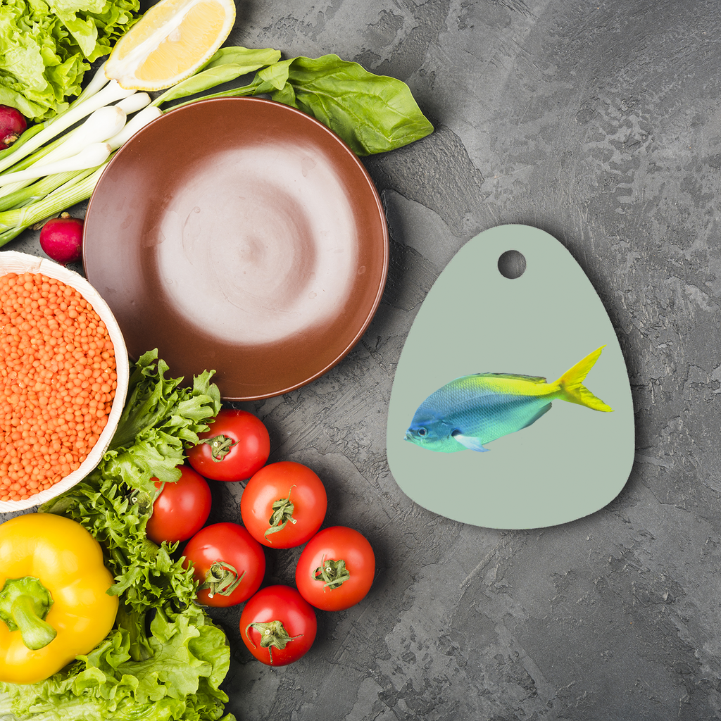Blue Yellow Fish Sublimation Glass Cutting Board with vibrant colors and toughened glass surface, ideal for custom designs.