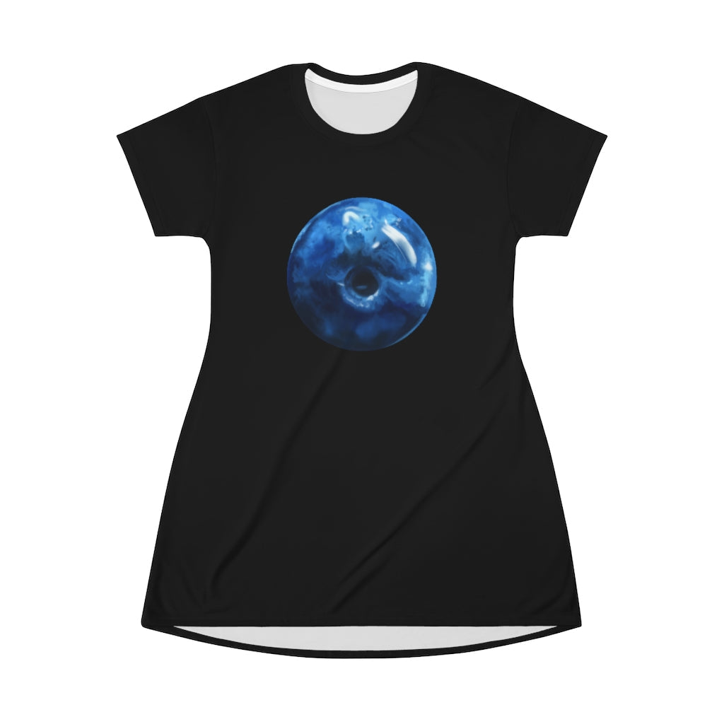 A vibrant Blueberry All Over Print T-Shirt Dress featuring a playful blueberry design, perfect for casual outings.