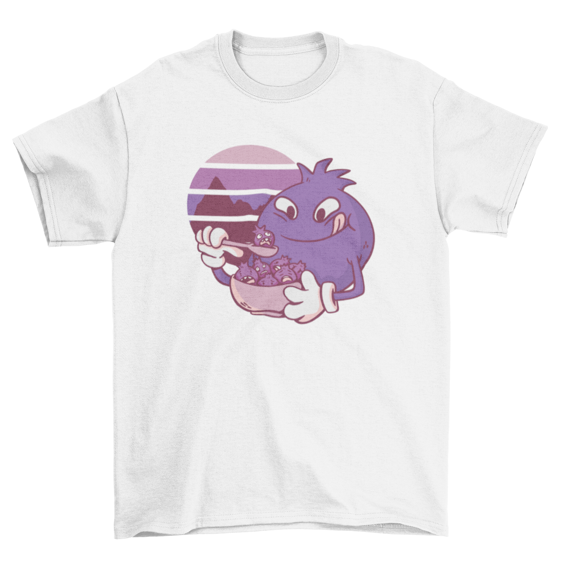 A vibrant t-shirt featuring a cartoon blueberry eating smaller blueberries with a retro sunset background.