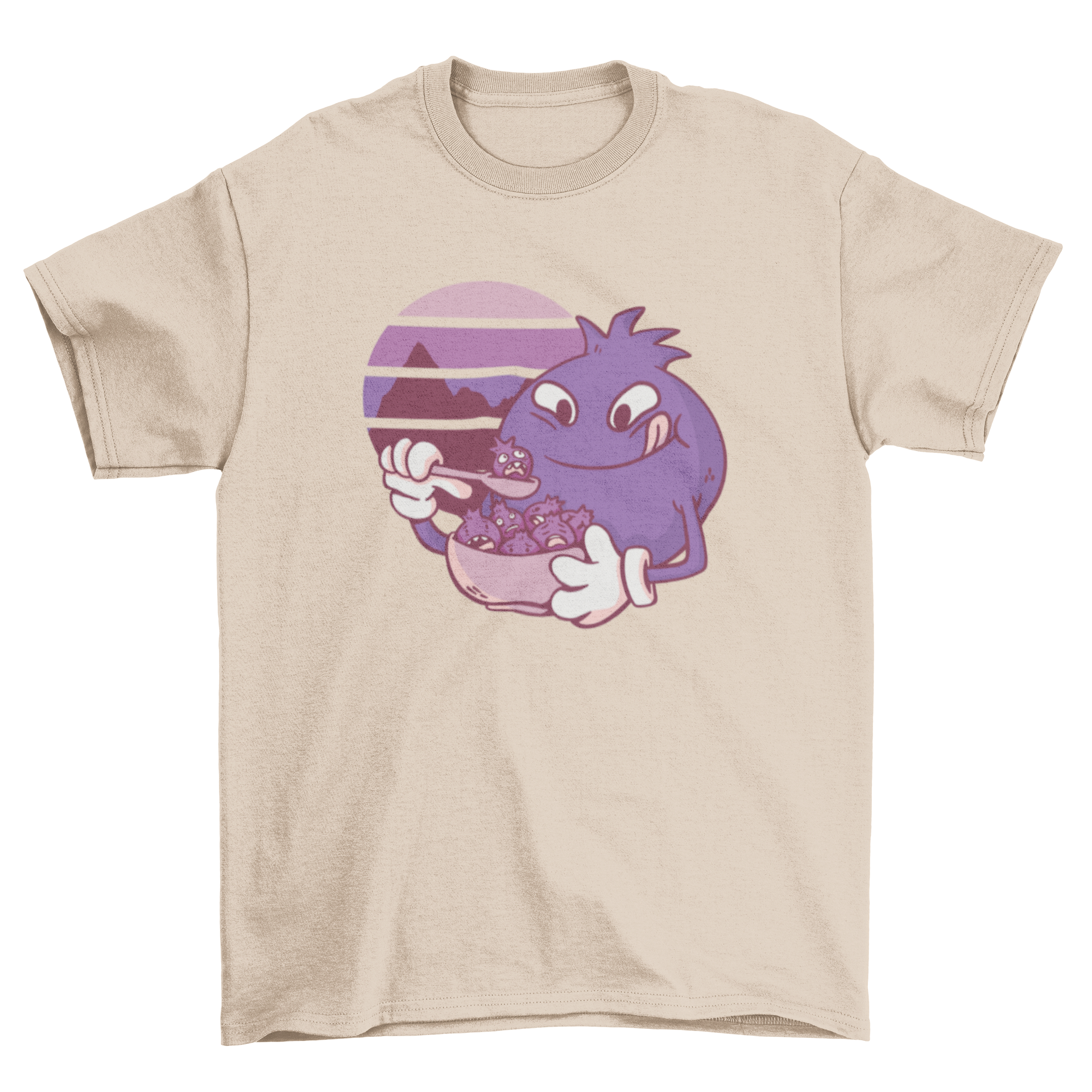 A vibrant t-shirt featuring a cartoon blueberry eating smaller blueberries with a retro sunset background.