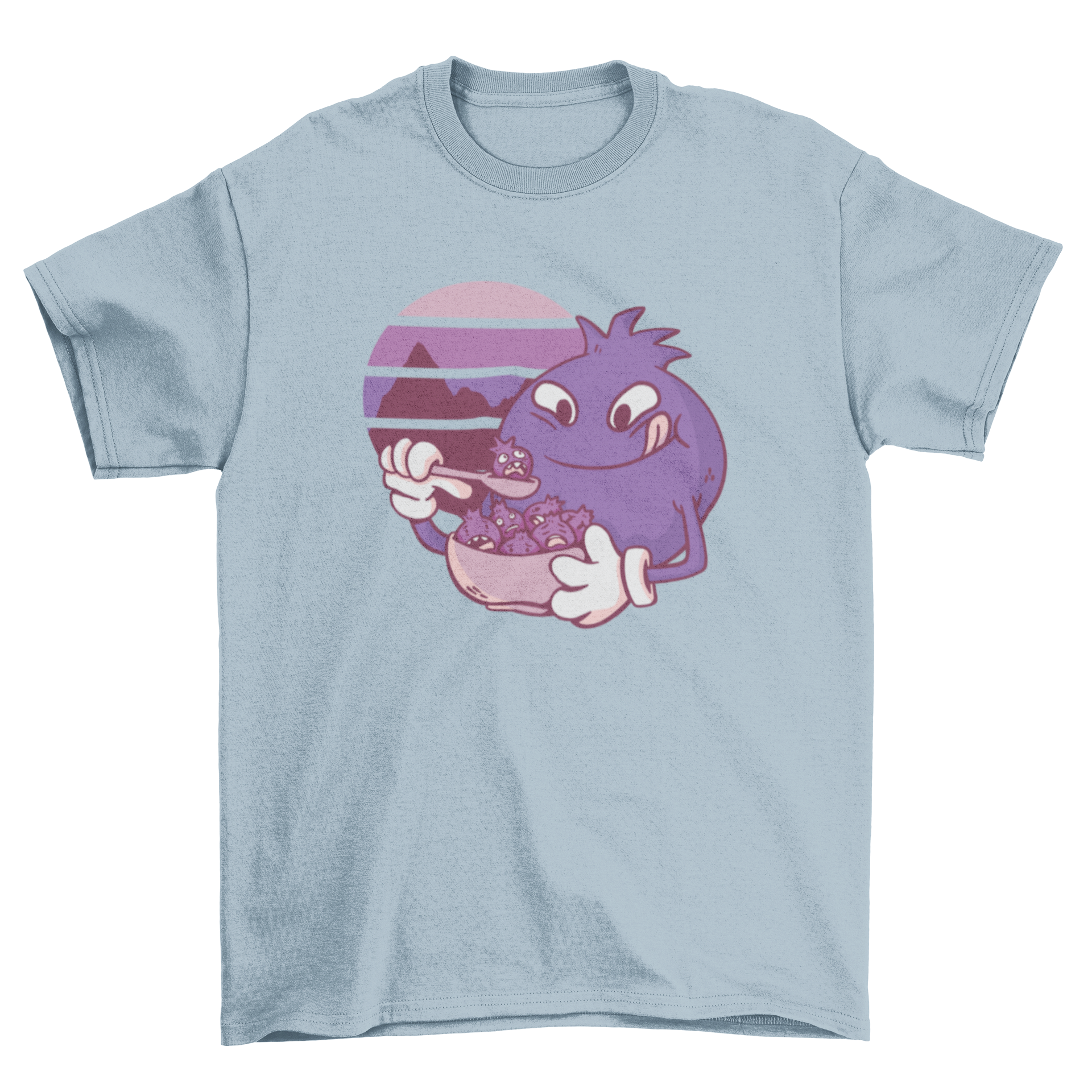 A vibrant t-shirt featuring a cartoon blueberry eating smaller blueberries with a retro sunset background.