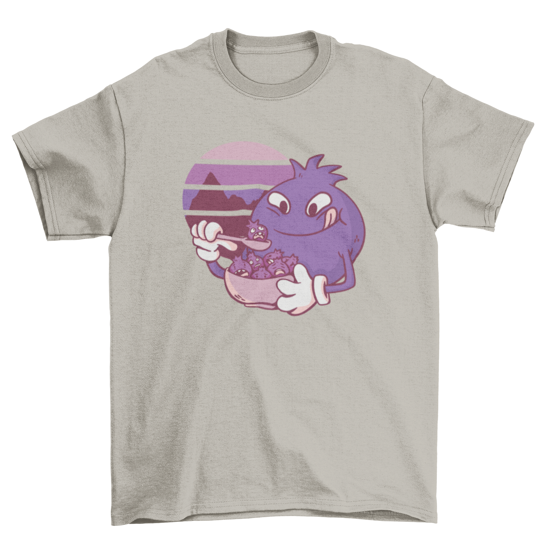 A vibrant t-shirt featuring a cartoon blueberry eating smaller blueberries with a retro sunset background.