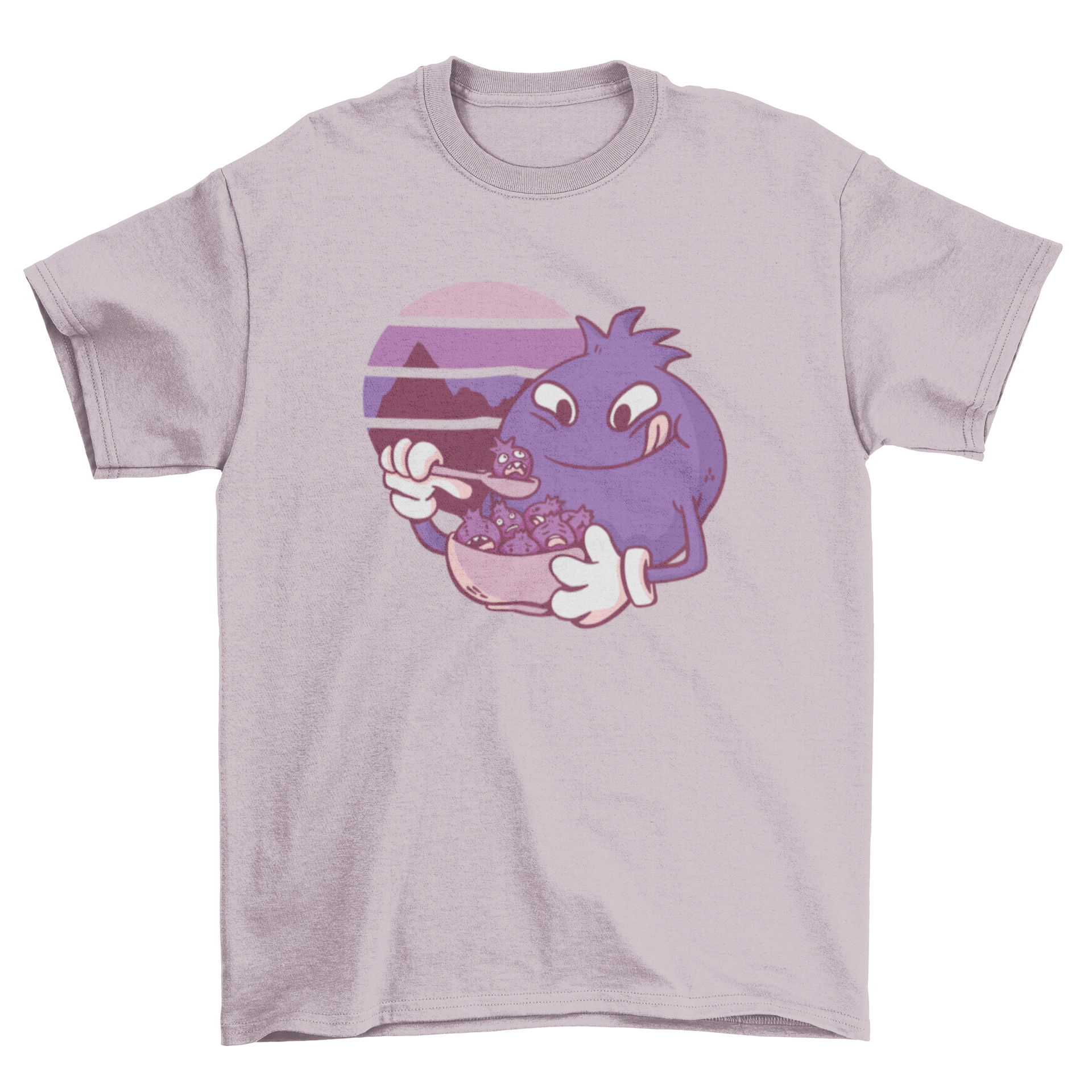 A vibrant t-shirt featuring a cartoon blueberry eating smaller blueberries with a retro sunset background.