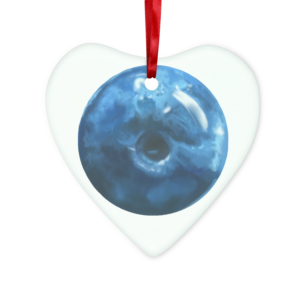 A beautiful Blueberry Glass Hanging Ornament in round and heart shapes, featuring a vibrant design, red ribbon, and gold string for hanging.