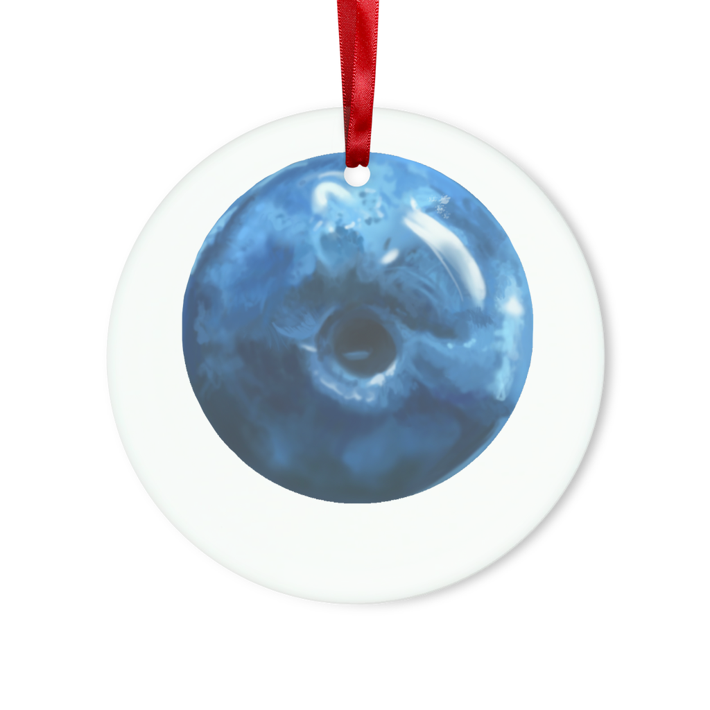 A beautiful Blueberry Glass Hanging Ornament in round and heart shapes, featuring a vibrant design, red ribbon, and gold string for hanging.