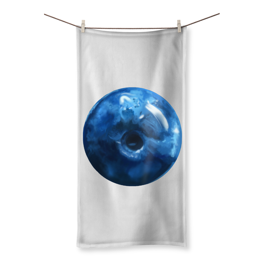 Blueberry Sublimation All Over Towel featuring vibrant blueberry designs on a soft polyester front and absorbent cotton back.