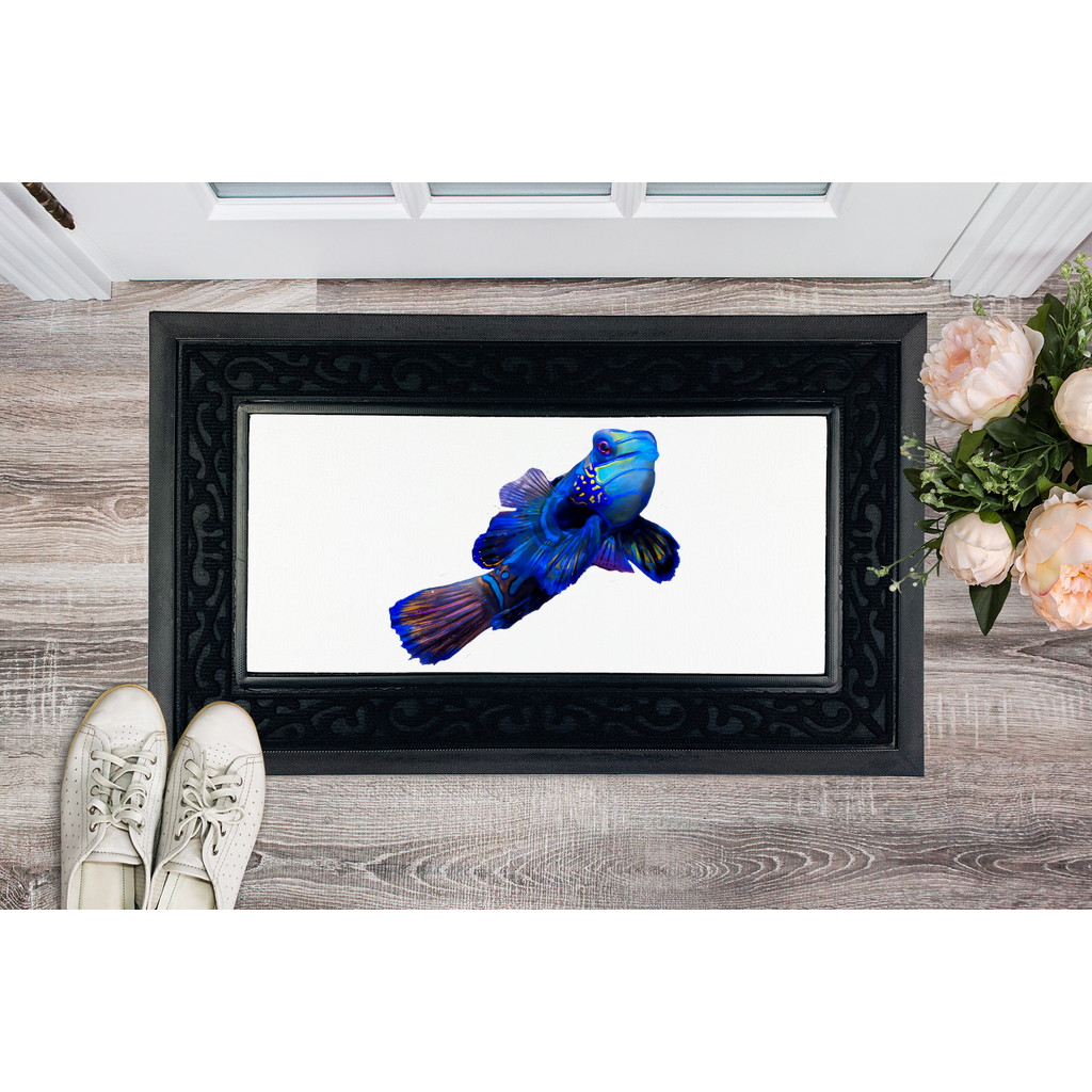 BlueFish Sublimation Heavy Duty Door Mat featuring a removable printable fabric center and a stylish fabric brush border on a non-slip rubber base.