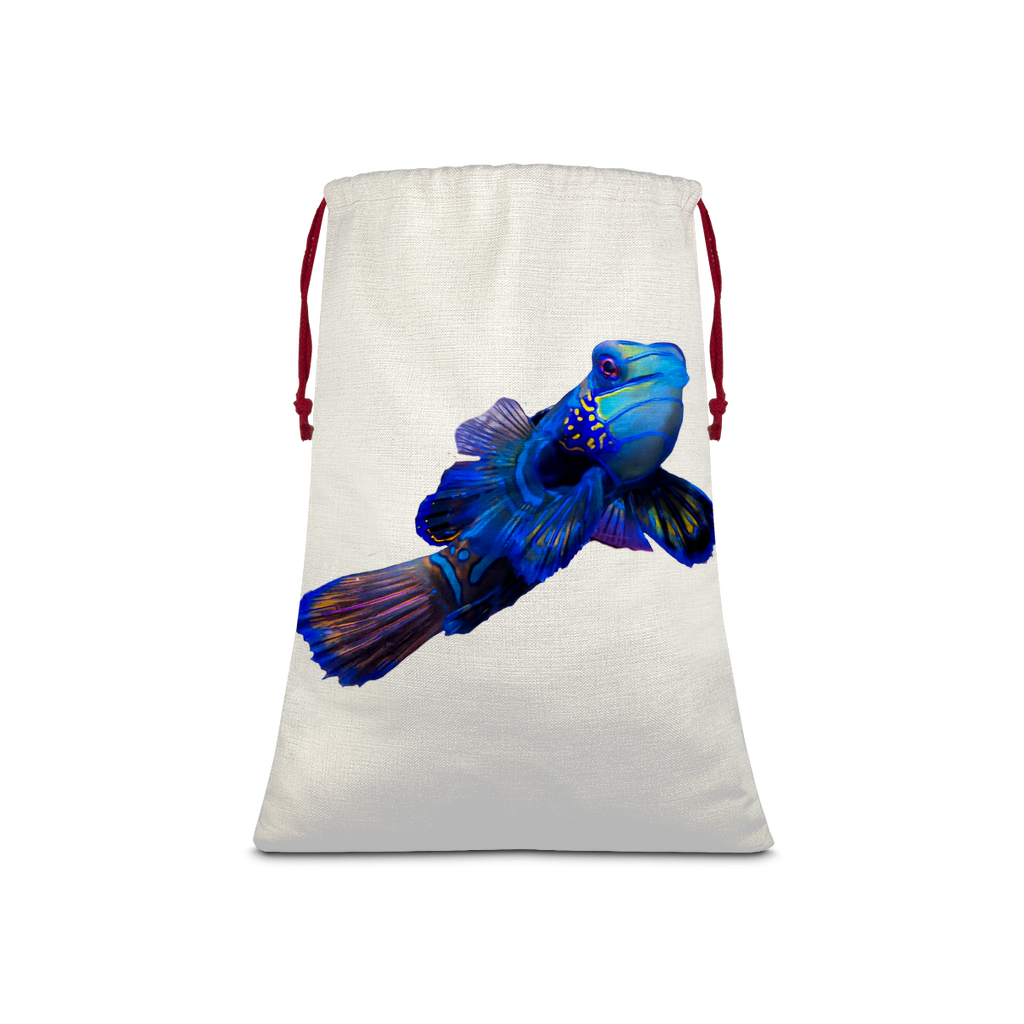 BlueFish Sublimation Linen Drawstring Sack with red drawstring, featuring a linen effect and eco-friendly printed design.