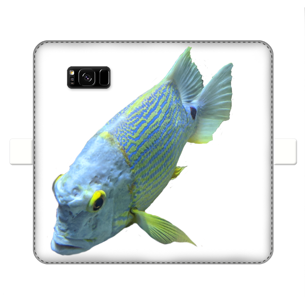 BlueYellowFish Fully Printed Wallet Case featuring vibrant designs, magnetic closure, and faux leather material, suitable for iPhone and Samsung S-series.