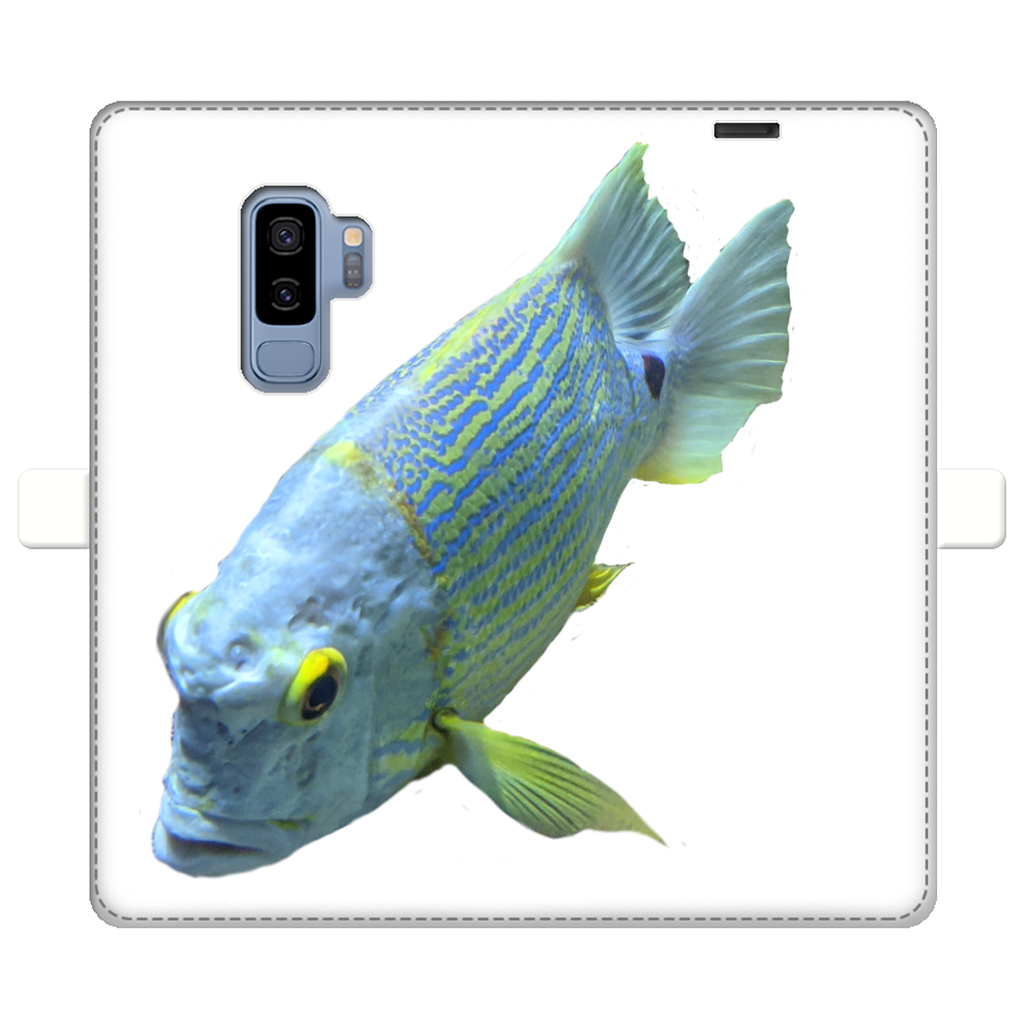 BlueYellowFish Fully Printed Wallet Case featuring vibrant designs, magnetic closure, and faux leather material, suitable for iPhone and Samsung S-series.