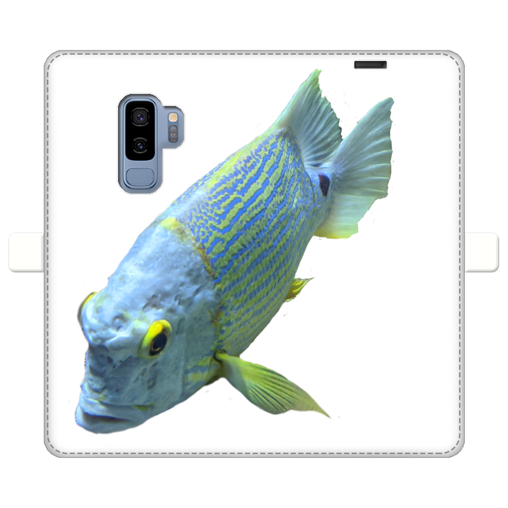 BlueYellowFish Fully Printed Wallet Case featuring vibrant designs, magnetic closure, and faux leather material, suitable for iPhone and Samsung S-series.