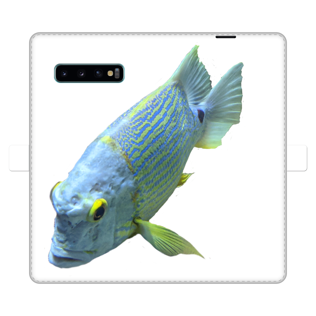 BlueYellowFish Fully Printed Wallet Case featuring vibrant designs, magnetic closure, and faux leather material, suitable for iPhone and Samsung S-series.