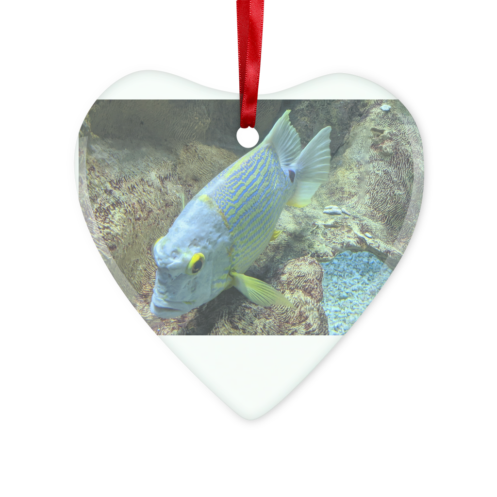 BlueYellowFish Glass Hanging Ornament in round and heart shapes, beautifully designed with a red ribbon and gold string.