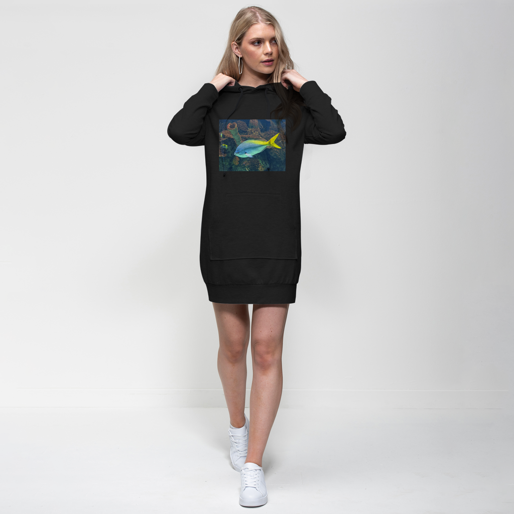 BlueYellowFish Premium Adult Hoodie Dress featuring a relaxed fit, hood with drawstring, and kangaroo pouch pocket, made from soft cotton blend fabric.