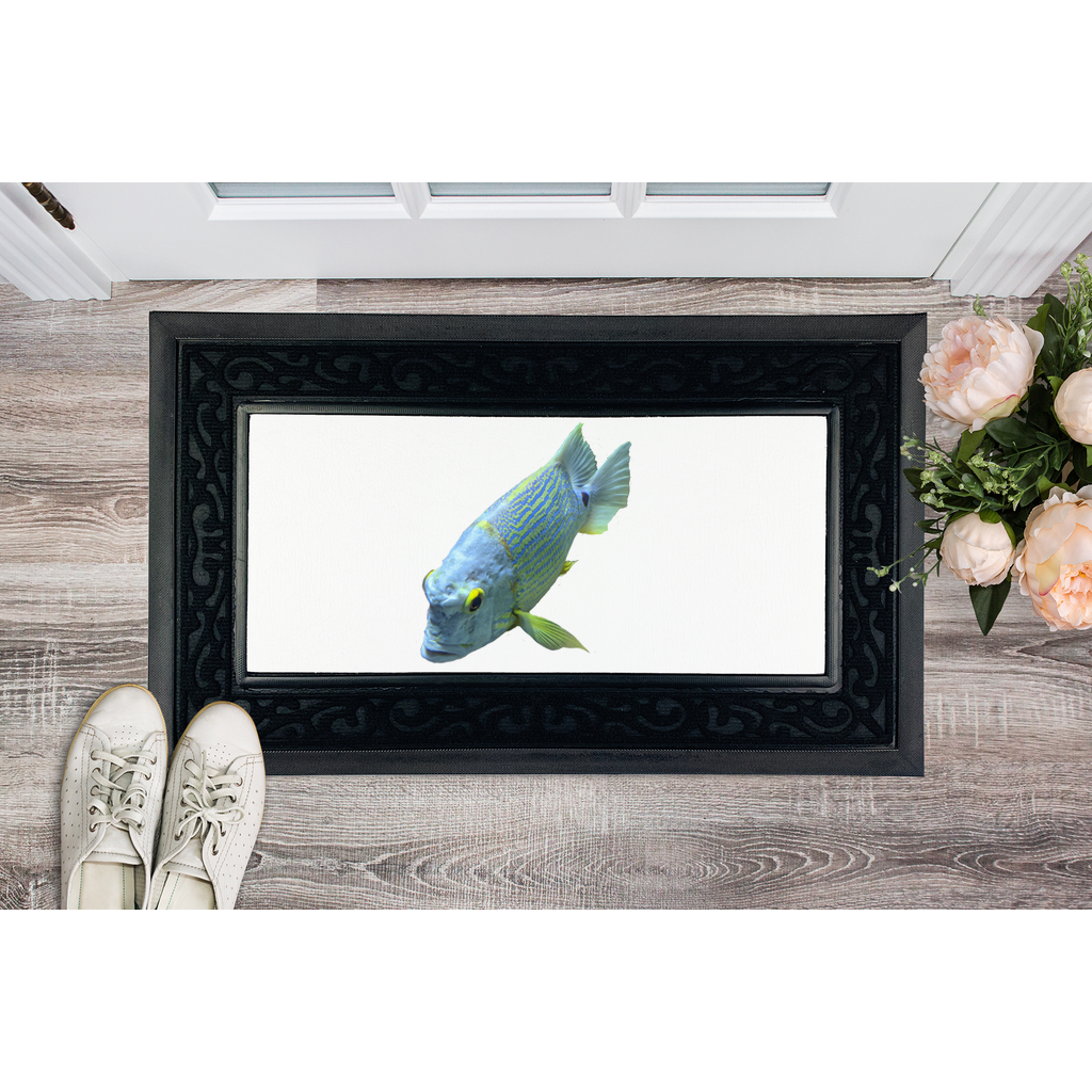 BlueYellowFish Sublimation Heavy Duty Door Mat with a removable fabric center and non-slip rubber base, featuring a classy brush border.