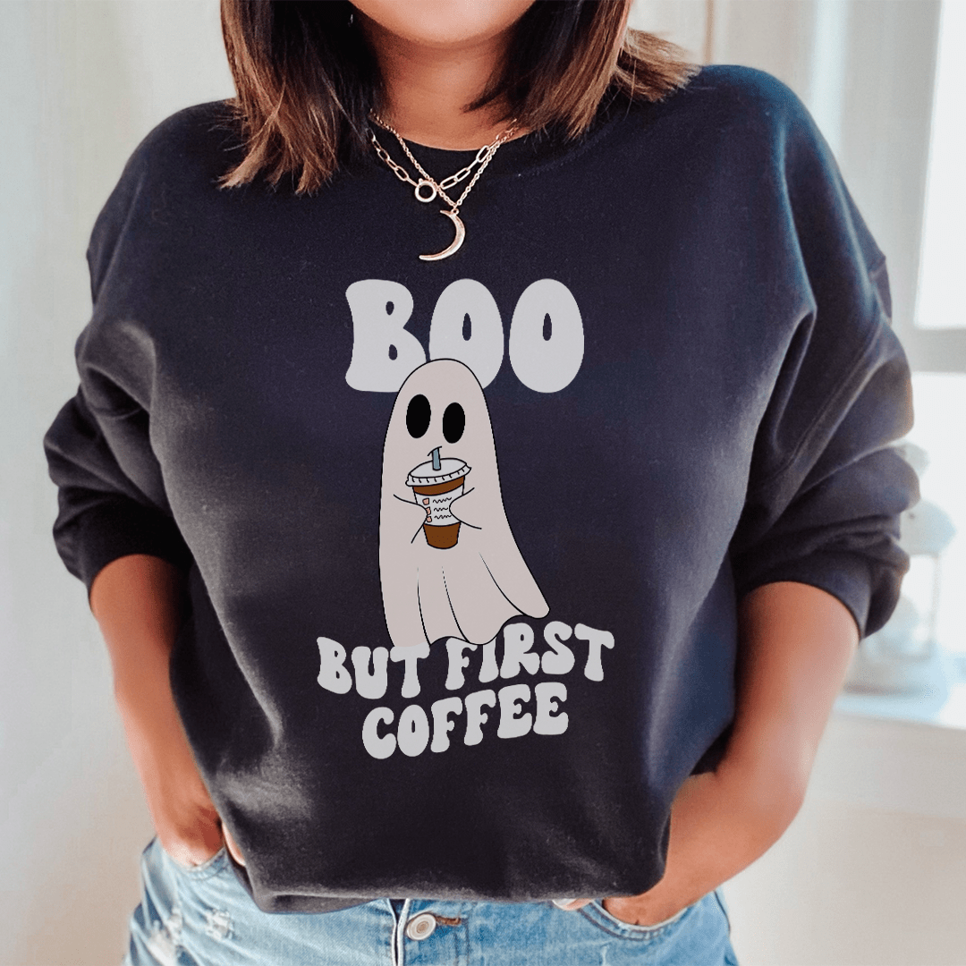 Boo But First Coffee hoodie featuring a cozy fleece design with adjustable cuffs, perfect for coffee lovers.