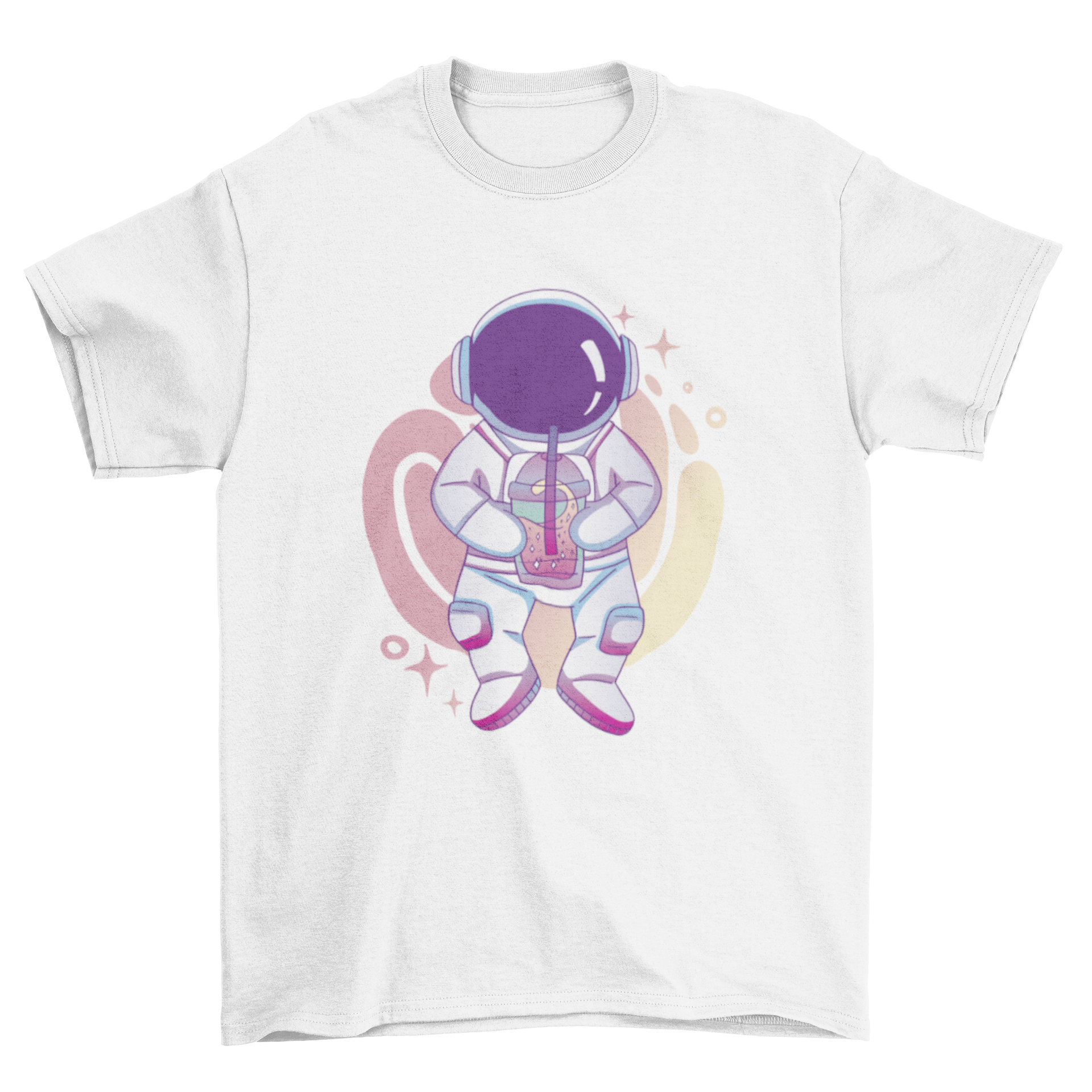 Boba Tea Astronaut T-shirt featuring an astronaut holding a cup of boba tea, designed for casual wear.