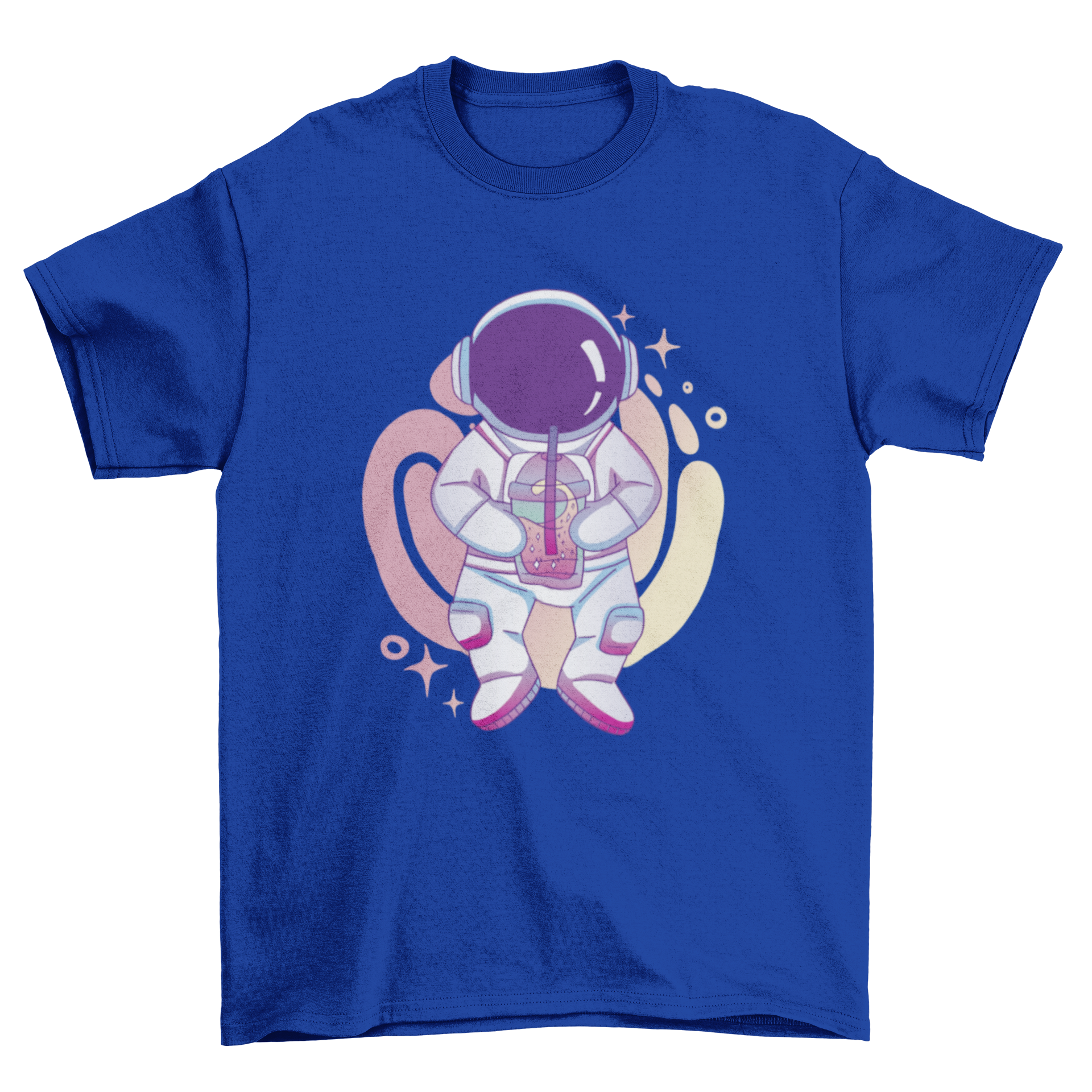 Boba Tea Astronaut T-shirt featuring an astronaut holding a cup of boba tea, designed for casual wear.
