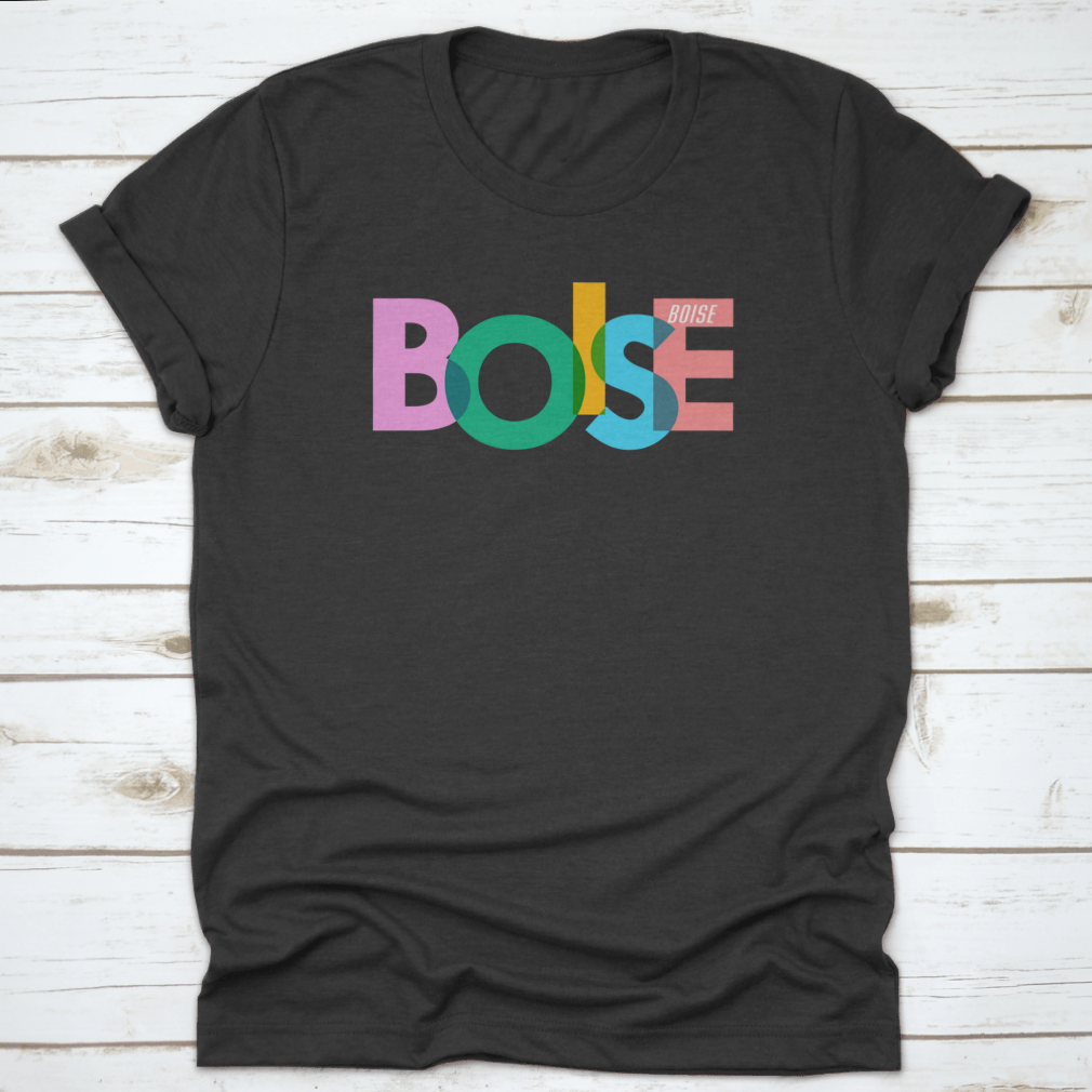 A stylish t-shirt featuring a vector design of the city name 'Boise' on a white background, showcasing its modern and minimalist aesthetic.