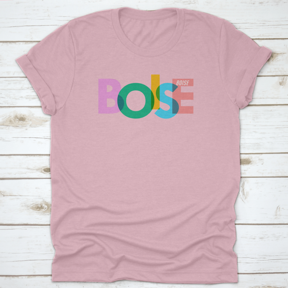A stylish t-shirt featuring a vector design of the city name 'Boise' on a white background, showcasing its modern and minimalist aesthetic.