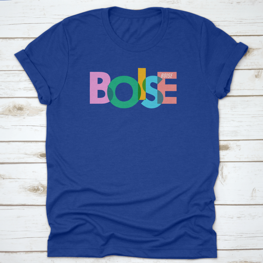 A stylish t-shirt featuring a vector design of the city name 'Boise' on a white background, showcasing its modern and minimalist aesthetic.